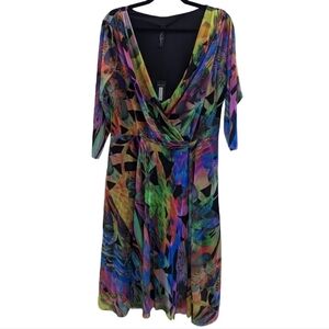 NEW Elana Kattan Multi color Abstract pattern crossover bust dress, size XL USA